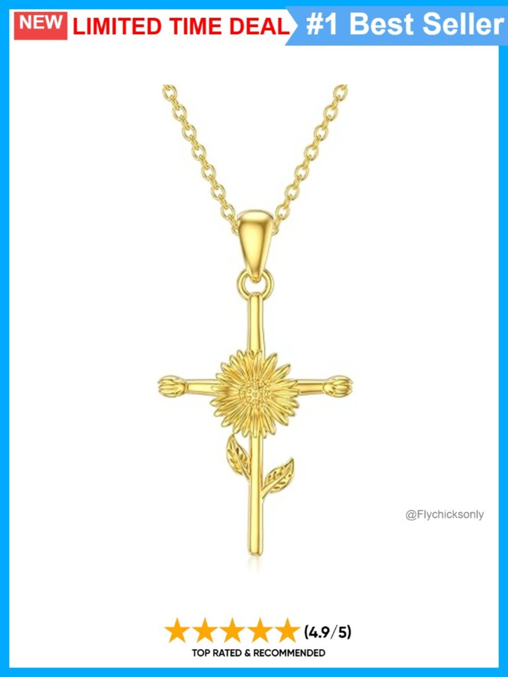Solid 14K Gold Birth Flower Cross Pendant Necklace Religious Gift
